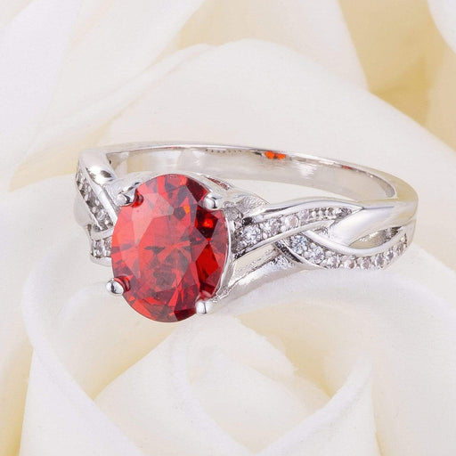 2 Carat Oval Cubic Zirconia Ring, Apple Red, Pave, Rhodium Coated Rings JGI   