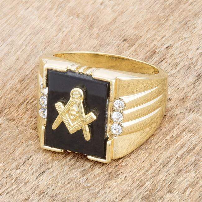 Goldtone Onyx Masonic Ring with CZ Accents Rings JGI   