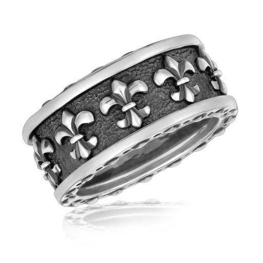 Sterling Silver Men's Ring with Fleur De Lis Motifs Rings Angelucci Jewelry   