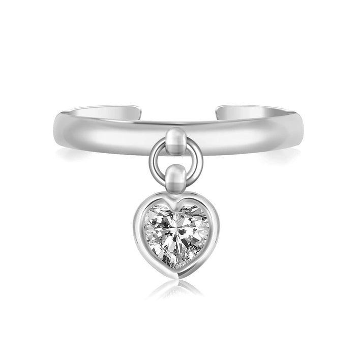 Sterling Silver Rhodium Finished Heart Cubic Zirconia Charm Toe Ring Toe Rings Angelucci Jewelry   