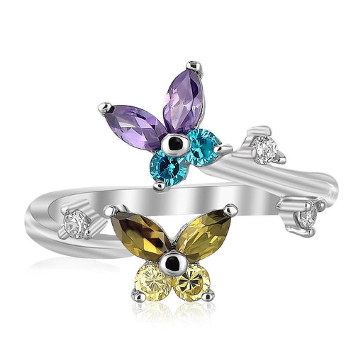 Sterling Silver Rhodium Plated Floral Toe Ring with Multi-Tone Cubic Zirconia Toe Rings Angelucci Jewelry   