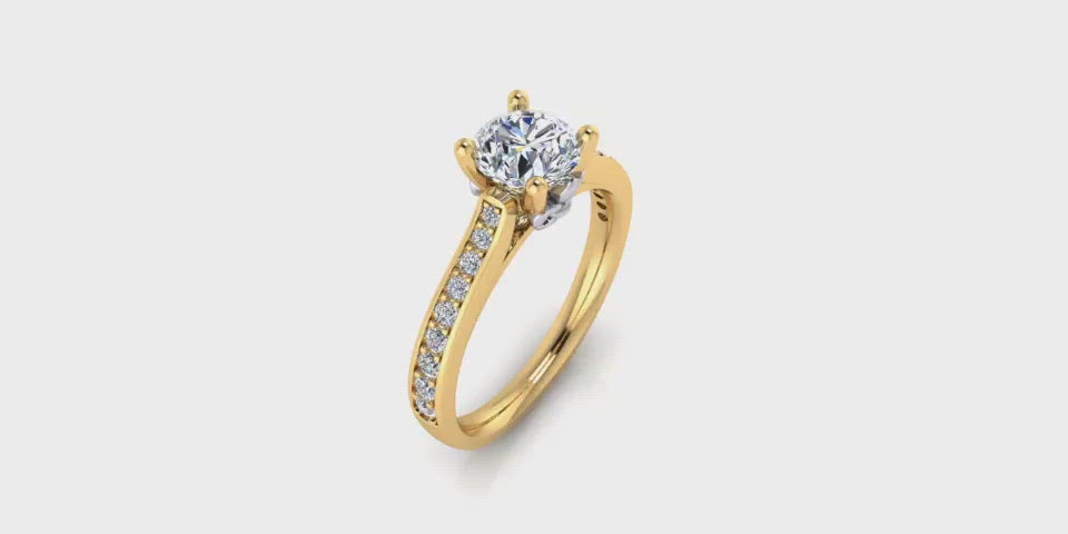One Carat Round Center Diamond Engagement Ring with Side Diamonds w Fluer-Di-Lis Yellow Gold Accent-Angelucci Jewelry