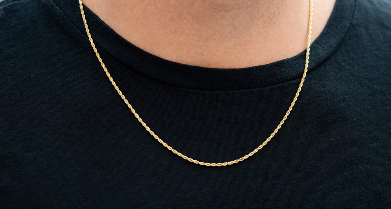 14 karat yellow gold rope chain. 2 mm. 18 inches in length